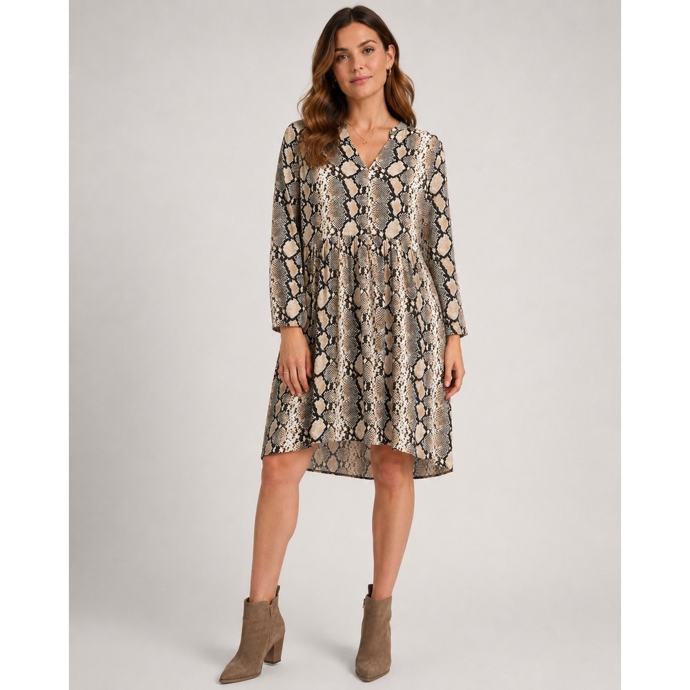 Anthropologie Maeve Snakeskin Print Babydoll Dress Tan Brown V-Neck‎ Medium